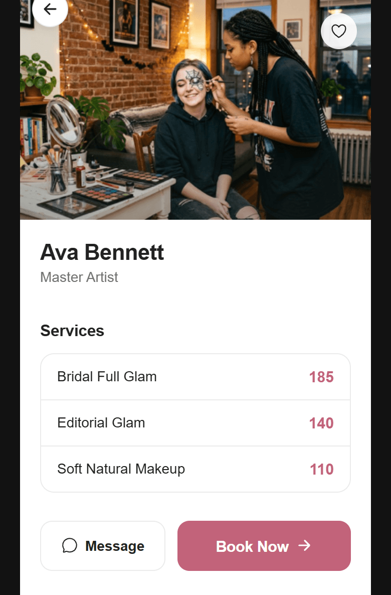 MUAH artist profile showing services and pricing