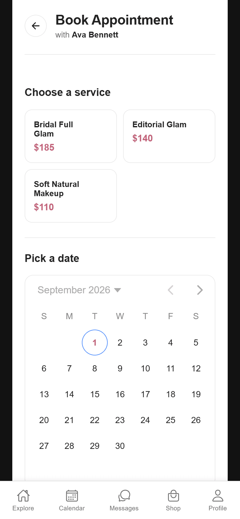 MUAH app booking flow with date and time selection