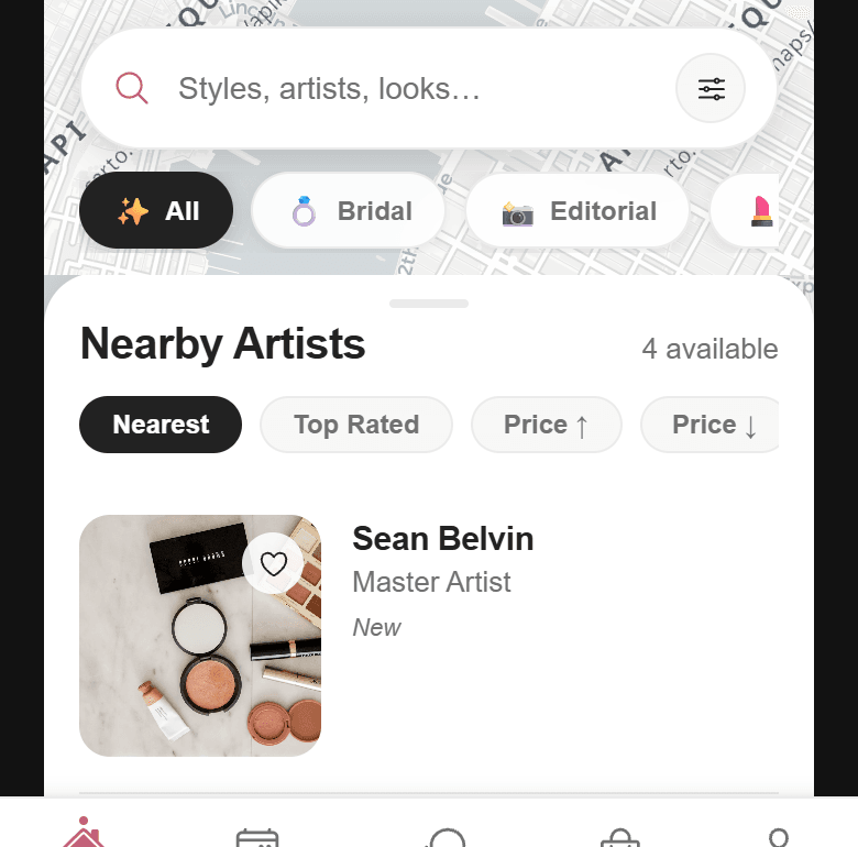 MUAH map view showing nearby makeup artists to browse