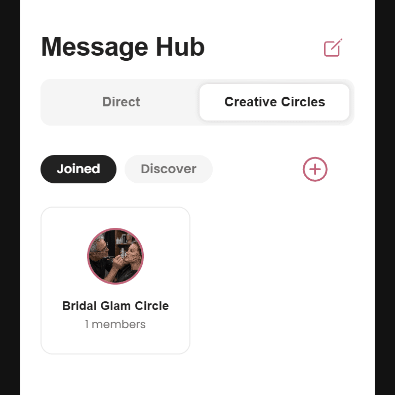 MUAH Message Hub with direct chats and Creative Circles